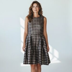 Tahari Jacquard Plaid Fit & Flare. dress in Gold